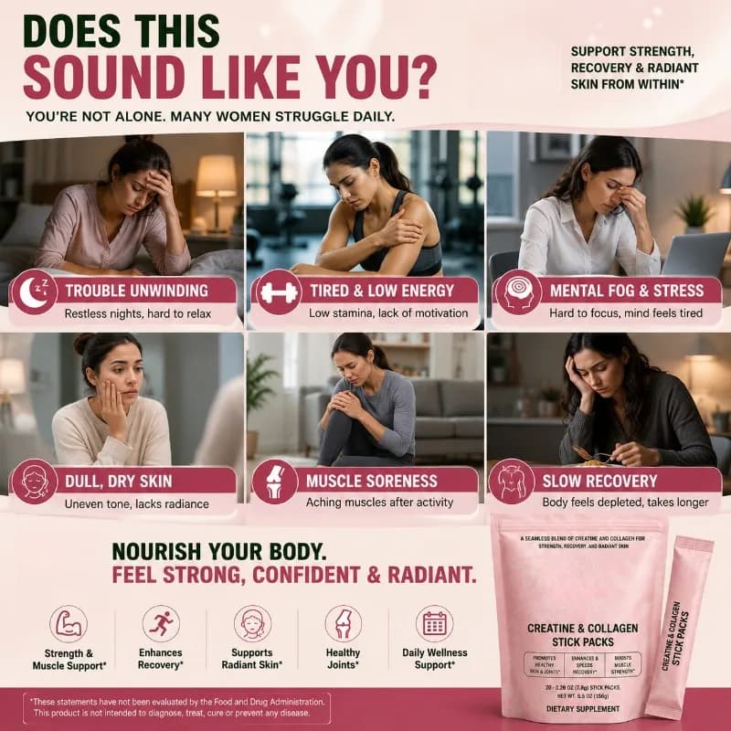 Creatine & Collagen Powder Stick Packs Supports Strength Recovery & Skin Health – Daily Nutrition Supplement 20Servings Per Bag
